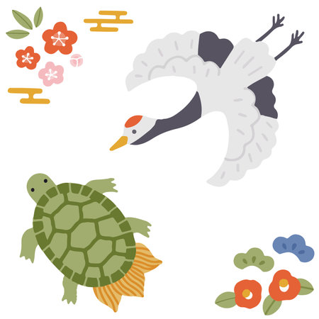Illustration set of lucky charms such as cranes, turtles, pine, bamboo and plumのイラスト素材