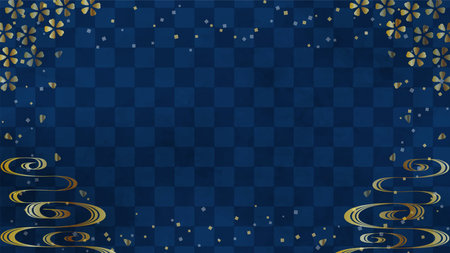 Japanese background: navy blue checkered pattern with gold cherry blossoms and flowing water patternのイラスト素材