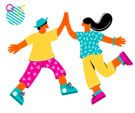 Pop and colorful illustrations of happy young men and women high-fiving each otherのイラスト素材