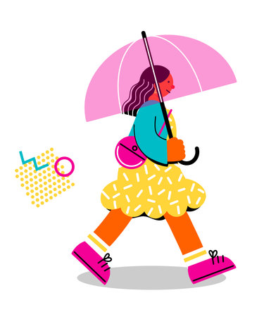 Pop and colorful illustration of a young woman walking cheerfullyのイラスト素材
