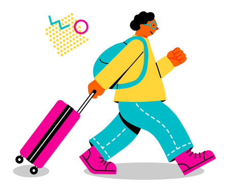 Pop and colorful illustration of a young man walking while pulling a suitcaseのイラスト素材