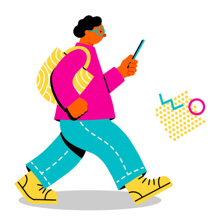 Pop and colorful illustration of a young man walking while looking at his phoneのイラスト素材