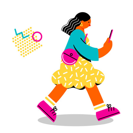 Pop and colorful illustration of a young woman walking while looking at her phoneのイラスト素材