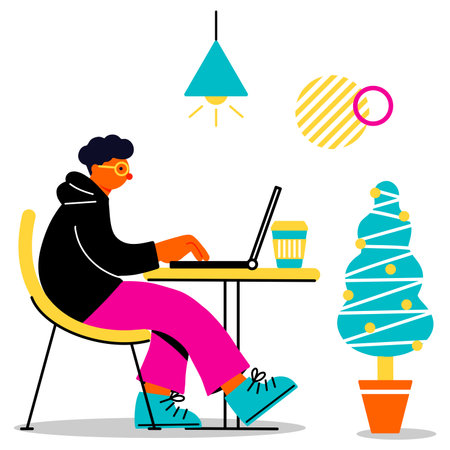 Pop and colorful illustration of a young man working on a PC in a cafe.のイラスト素材