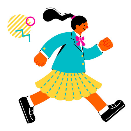 Pop and colorful illustration of a female student running cheerfullyのイラスト素材