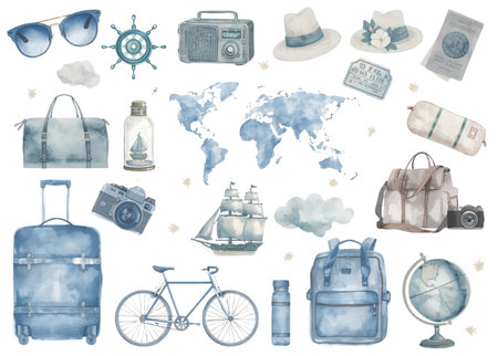 Watercolor travel set. Hand drawn travel elements. Vector illustration.の素材