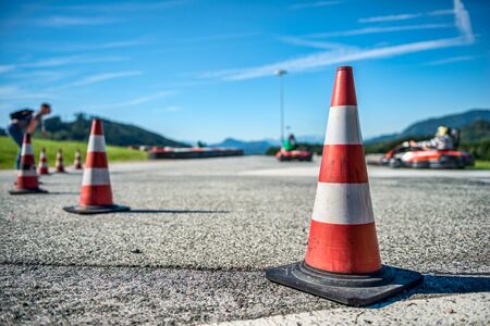 Professional Kart racing in circuit  Lots of copyspace for text の写真素材