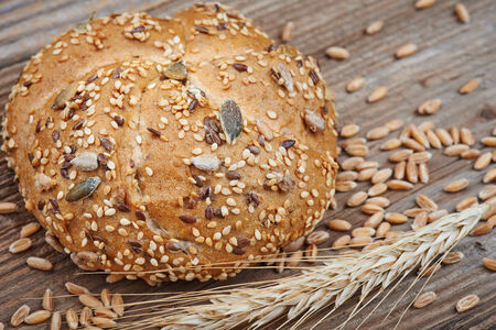Bun bread, Crunchy fresh bun on the old wooden table