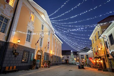 RADOVLJICA, SLOVENIA - DECEMBER 20, 2017: advent December night with Christmas decoration lighting in Radovljica,のeditorial素材