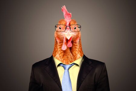 Portrait of a rooster in a business suit and glasses on a brown backgroundの写真素材