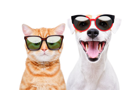 Cheerful dog Jack Russell Terrier and red kitten Scottish Straight in sunglasses, closeup, isolated...