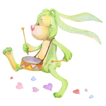 Cute illustration of a soft toy rabbit marching with a drum.の写真素材