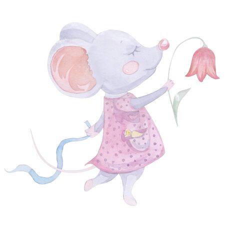 A cute little mouse in a polka-dot dress is dancing with a flower and a ribbonの写真素材