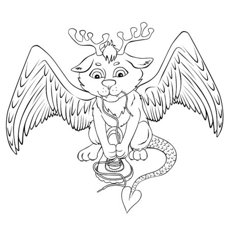 Fantastic fairytale mysticalanimal with wings and horns, vector illustration. Coloring image on a white background.のイラスト素材