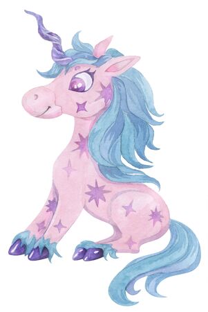 Cute magical unicorn. Watercolor design isolated on white background. Romantic hand drawing illustration for children.の写真素材