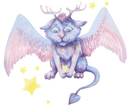 Fantastic fairytale mysticalanimal with wings and horns, watercolor illustration.の写真素材