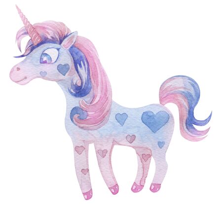 Cute magical unicorn. Watercolor design isolated on white background. Romantic hand drawing illustration for children.の写真素材