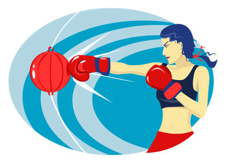 Athletic young woman in boxing gloves beats a punching bag.のイラスト素材