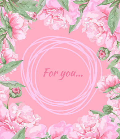 Frame of pink blooming peonies with buds and leaves. Romantic design for natural cosmetics, perfumes, cards, invitations.のイラスト素材