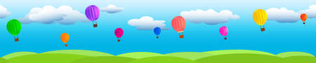 Clouds on a blue sky with flying balloons and green grass.のイラスト素材
