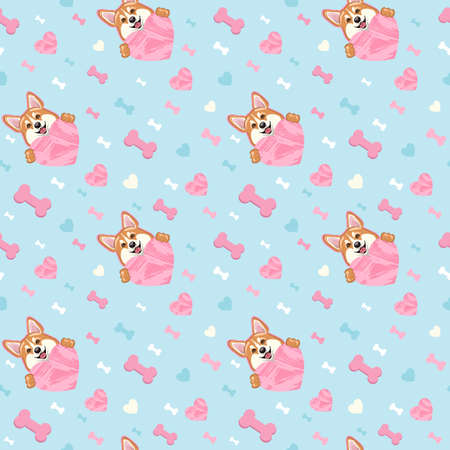 Simless pattern smiling cute welsh corgi dog with a pink heart and favorite bones. Vector illustration of a corgi.のイラスト素材