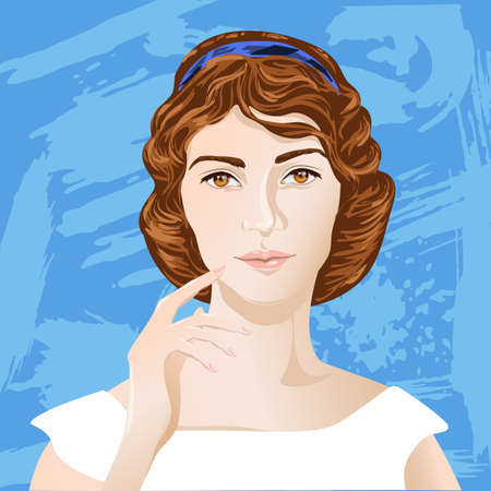 Young smiling woman touches her face with her hand.のイラスト素材