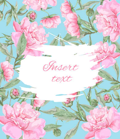 Postcard template with pink peonies on a blue background with place for text.のイラスト素材