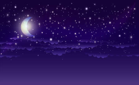 Night starry sky with stars, moon and clouds.のイラスト素材