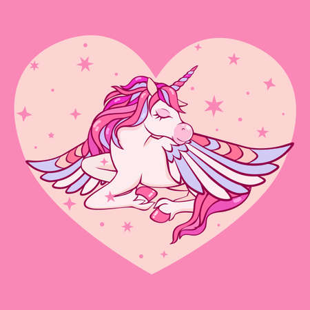 Cute magical unicorn with wings sleeps on a pink heart background. Vector design isolated on pink background. Romantic hand drawing illustration for children.のイラスト素材