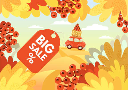 Autumn sale. Autumn landscape background layout with leaves, berries and red car for sale poster or web banner. Vector illustration template.のイラスト素材