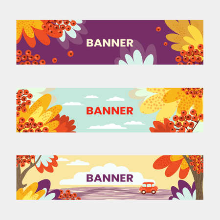 Autumn season simple colorful horizontal banners. Autumn, yellow foliage of trees, rowan berries, car.のイラスト素材