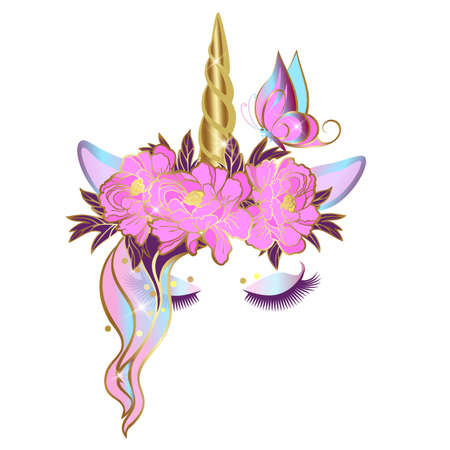 Vector unicorn face with closed eyes and wreath of pink flowers. Golden horn with glitter.のイラスト素材