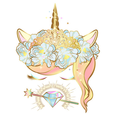 The face of a unicorn with closed eyes and a wreath of blue flowers with sparkles. Unicorn golden horn with tiara, magic wand and gem.のイラスト素材