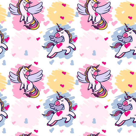 Simless pattern with hand-drawn unicorns with wings and closed eyes on a white background.のイラスト素材