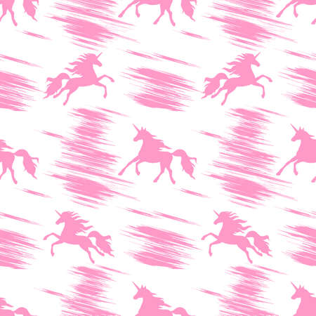 Seamless pattern with pink prancing and flying unicorns on a white background.のイラスト素材