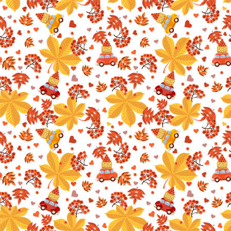 Seamless pattern with red berries, hearts, cars, baskets with berries and autumn leaves of orange, red and yellow flowers on a white background.のイラスト素材