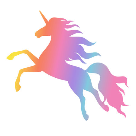 Silhouette of a flying, jumping unicorn. Rainbow silhouette isolated on white background.のイラスト素材