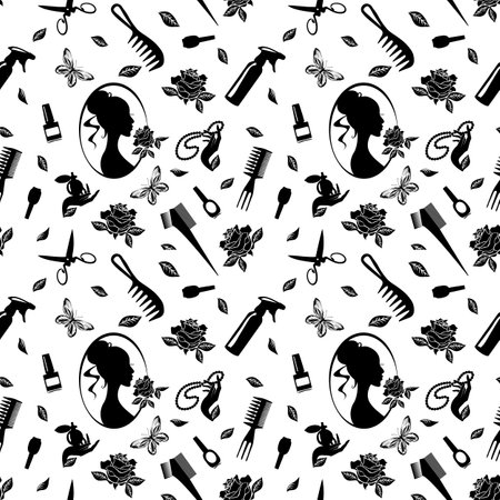 Barber tools seamless pattern scissors, comb, spray bottle, rose, butterfly, beads, girl profile. Design for poster, banner, print.のイラスト素材