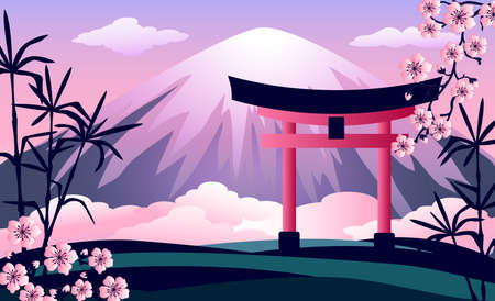 Asian landscape with mountain, bamboo, cherry blossom branches and ceremonial gate.のイラスト素材