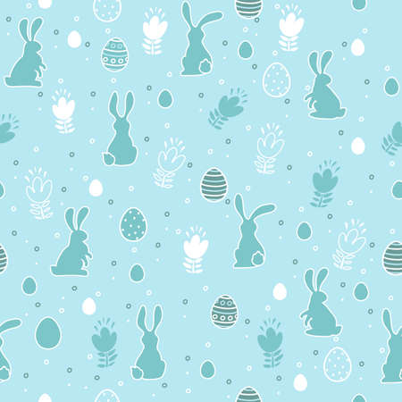 Easter seamless pattern with eggs, flowers and bunnies on a blue background. Vector illustration.のイラスト素材