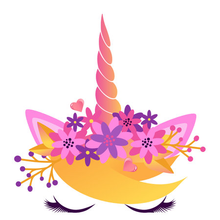 Face of a unicorn with closed eyes and a wreath of flowers. Vector illustration isolated on white background.のイラスト素材