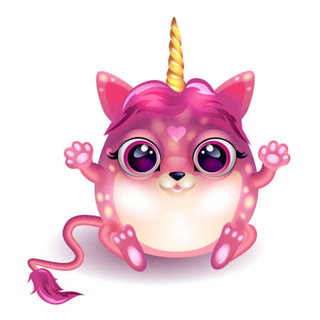 Cute pink cartoon animal sitting with a golden horn. Vector funny monster. Element for creating a design.のイラスト素材
