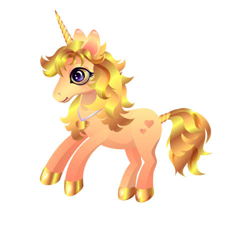 Cute magical little unicorn with golden mane and hooves. The image is isolated on a white background.のイラスト素材