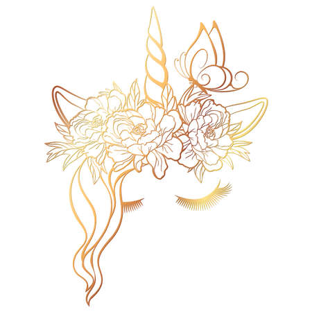 Vector unicorn face with closed eyes, butterfly and wreath of flowers. Gold outline isolated on a white background.のイラスト素材