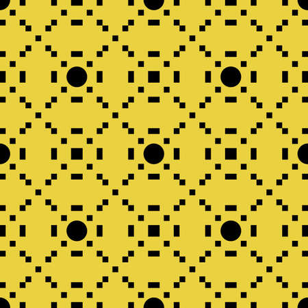 Vector pattern of seamless black circles and pixels on a yellow background. Abstract geometric background.のイラスト素材