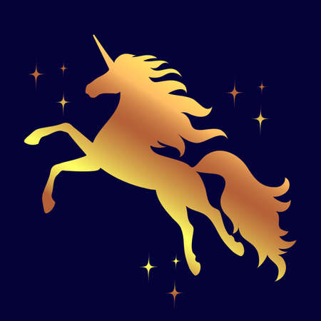 Silhouette of a flying, jumping unicorn. Gold silhouette isolated from dark background. Element for creating design and decoration.のイラスト素材