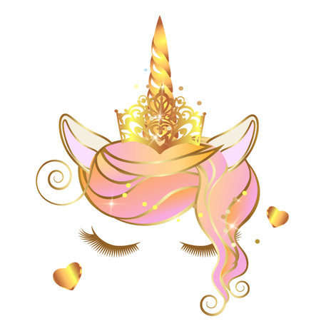Vector unicorn face with closed eyes and wreath of pink flowers with sparkles. Unicorn golden horn with tiara.のイラスト素材
