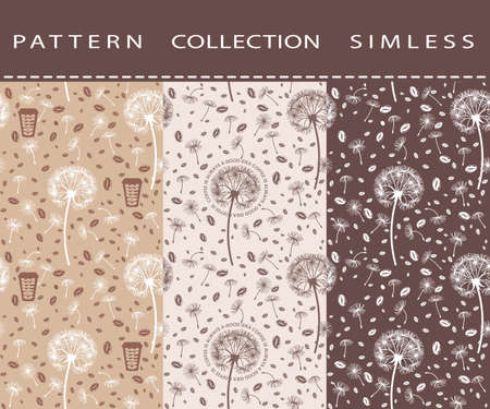 Set seamless pattern from coffee beans and dandelions. For wrapping paper, design and decoration. The image is isolated from the background.のイラスト素材