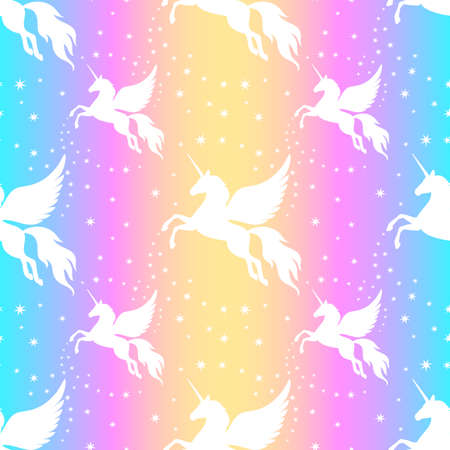 Winged unicorn and stars seamless pattern. Silhouette of a flying unicorn on the starry sky. Silhouette white on a rainbow background.のイラスト素材