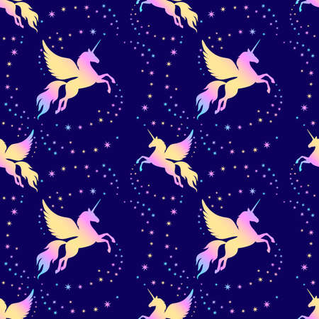 Winged unicorn and stars seamless pattern. Silhouette of a flying unicorn on the starry sky. Rainbow silhouette on a dark background.のイラスト素材